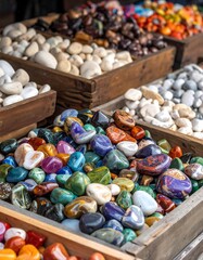 Colorful stones in wooden crates