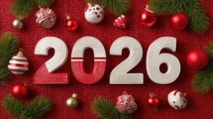 A festive arrangement showcasing the year 2026 with colorful ornaments and pine branches on a red background, ideal for holiday marketing, greeting cards, or New Year celebrations,