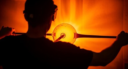 Artisan skillfully shapes molten glass with glowing heat and intense focus.
