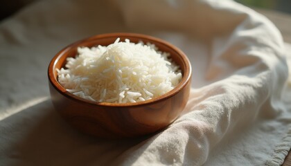 Bowl of rice on wooden table near window during daytime