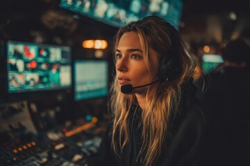 Focused young woman, headset on, deeply engaged in a complex studio control room.