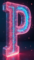 Glowing letter P made of glass in neon light