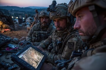 Fototapeta premium Three soldiers focused on tactical planning with a digital map at dusk.