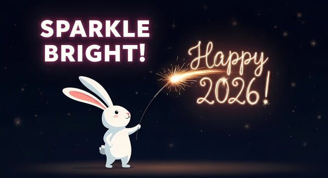 Happy 2026 year of the rabbit with sparkler and sparkle bright text
