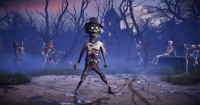 Halloween party. Funny zombies dancing among glowing pumpkins in the light of the full moon in a scary gothic cemetery. 3D animated background for holiday cards, invitations, posters, events, parties