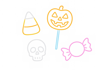 Halloween neon line icons set featuring pumpkin, candy corn, skull, and wrapped candy on transparent background