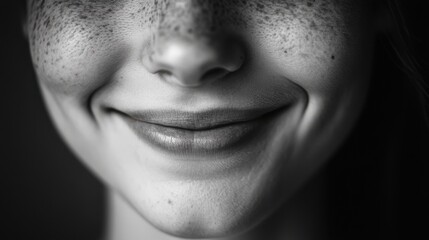 Bright smile of a young person with freckles in black and white portrait showcasing joy and warmth