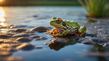 A vibrant green frog perched on a rocky shore by a serene lake at sunset, reflecting on the water