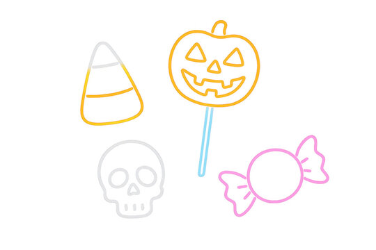 Halloween neon line icons set featuring pumpkin, candy corn, skull, and wrapped candy on transparent background