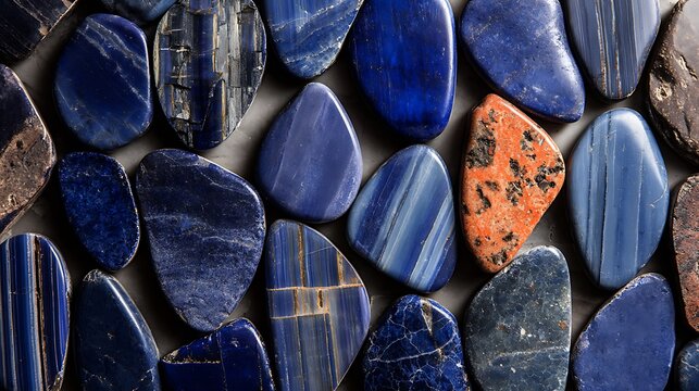A closeup, topdown view of tumbled, polished lapis lazuli stones and a single orange stone with natural patterns