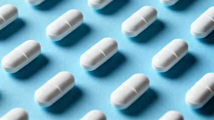 White oval pills arranged in rows on a blue background