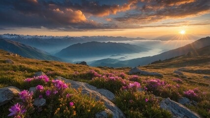 Serene mountain landscape at sunset with blooming flowers in the foreground and misty valleys beyond