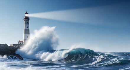 Lighthouse beams across the ocean as waves crash against the rocky shore