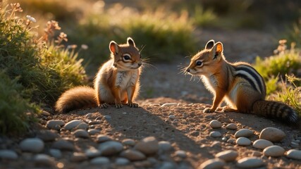 Two chipmunks engage in a playful interaction on a sunlit path surrounded by lush greenery