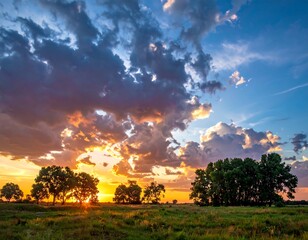 Colorful sunset over a field