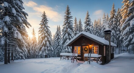 Cozy cabin in snowy forest during sunset