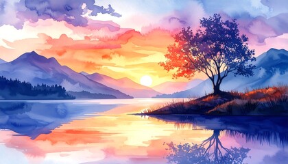 Colorful sunset over a lake with mountains