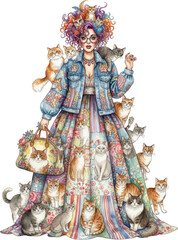 Fototapeta premium Crazy Cat Lady, Fashion Illustration with cats