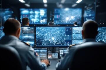Security personnel monitoring advanced data and surveillance systems in a modern control room.