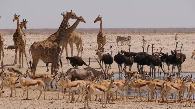 giraffes, springbok, ostrich and oryx at desert waterhole during a long drought  448