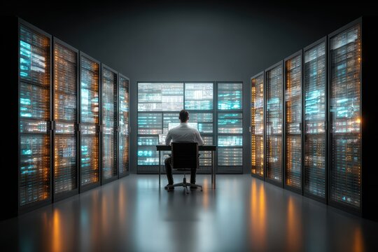 IT professional monitoring glowing server racks in a secure data center environment