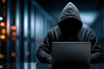 A hooded person using a laptop, representing cybercrime and data threat.