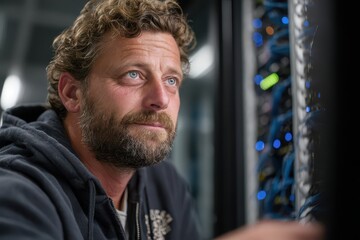 A focused man with a beard inspecting server equipment in a modern data center environment.