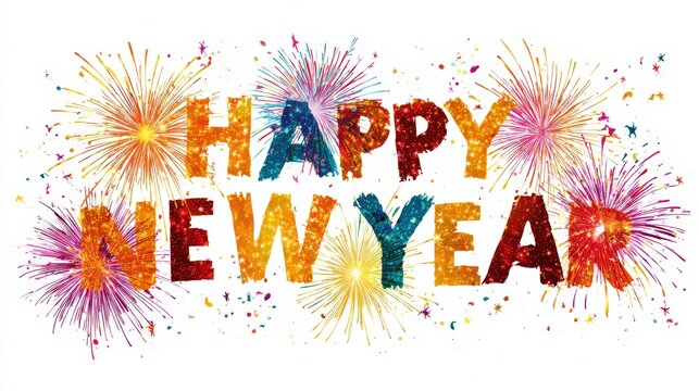 Festive graphic featuring HAPPY NEW YEAR adorned with colorful fireworks and confetti, perfect for greeting cards, social media posts, or promotional materials celebrating the new year, - Powered by Adobe