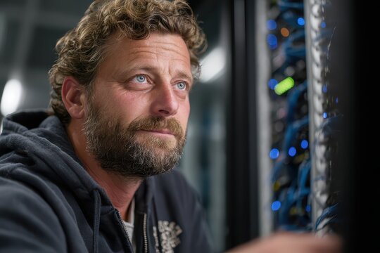 A focused man with a beard inspecting server equipment in a modern data center environment. - Powered by Adobe