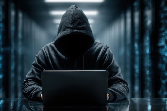 Faceless hacker in hoodie working on laptop in dark glowing data center. - Powered by Adobe