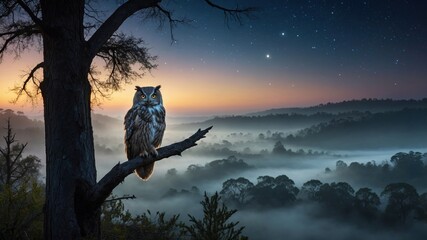 Majestic owl perched on a tree branch at twilight, overlooking a misty valley under a starry sky