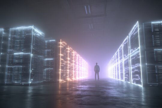 A lone person in a futuristic server room with glowing digital data architecture.