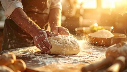Artisan baker kneading dough on wooden table in warm morning light — rustic bakery scene for culinary branding and marketing