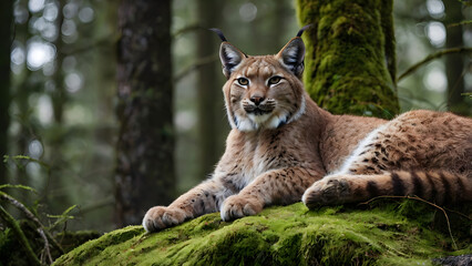 Fototapeta premium Eurasian Lynx Resting in Forest with Calm Expression and Natural Background