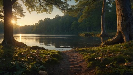 Naklejka premium Serene lakeside scene at sunset with lush greenery, mushrooms, and a tranquil atmosphere