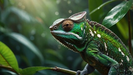 Fototapeta premium Colorful chameleon perched on a branch amidst vibrant green foliage with soft sunlight filtering through
