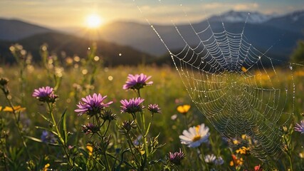 Early morning sunlight illuminates a field of wildflowers with a spider web glistening in the foreground