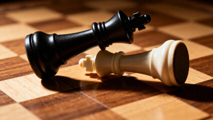 Black and white chess kings fallen on a wooden chessboard
