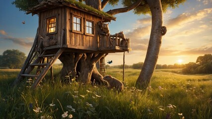 Charming wooden treehouse nestled in a vibrant meadow at sunset, with playful animals nearby