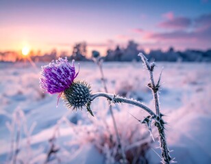 Close-up of a vibrant thistle covered in frost, bathed in the soft light of a winter sunrise over a snowy field