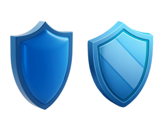 3D security shield icon, blue tone, smooth gradient surface, soft light reflection, isolated on white background, symbol of protection and safety.

