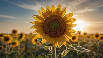 Obraz premium Vibrant sunflower stands tall in a golden field at sunset, symbolizing nature's beauty and growth
