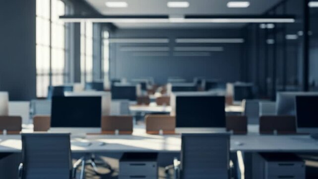 Modern, open-plan office space featuring rows of desks with computers and chairs, soft, defused lighting