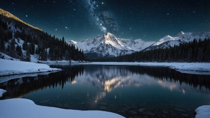 Serene night landscape showcasing a tranquil lake reflecting snow-capped mountains under a starry sky