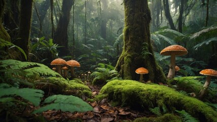 Obraz premium Lush forest scene with vibrant mushrooms growing on mossy ground, surrounded by dense greenery