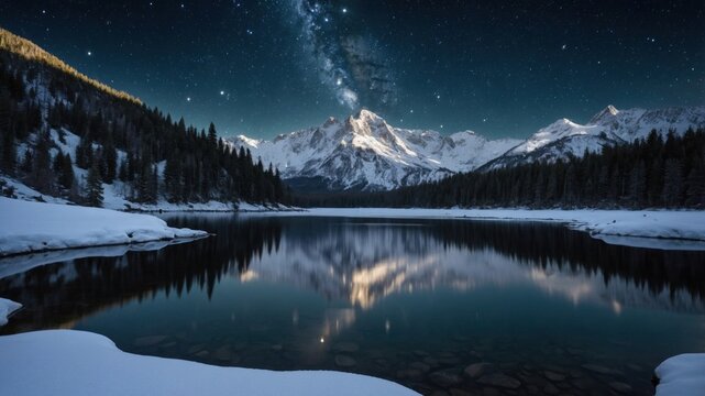 Serene night landscape showcasing a tranquil lake reflecting snow-capped mountains under a starry sky - Powered by Adobe