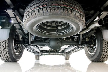 Spare tire, rear axle and suspension of pickup car
