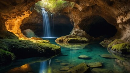 Serene underground cave with a cascading waterfall reflecting in clear water, surrounded by lush greenery