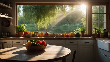 Bright kitchen scene with fresh vegetables on a wooden table, sunlit window overlooking a serene lake