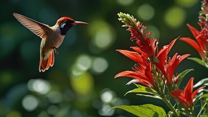 Naklejka premium Vibrant hummingbird hovering near bright red flowers in a lush, green garden setting